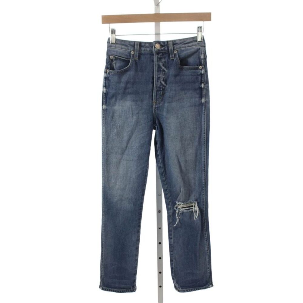Amo Womens Cropped Blue Jeans Mid Rise Button Cotton Size 25